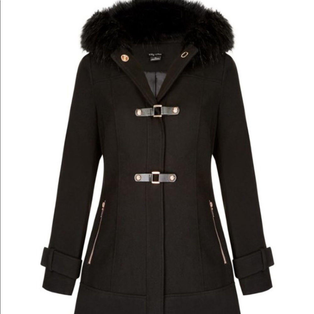 City Chic Wonderwall Hooded Black Coat NWT - Picture 3 of 7